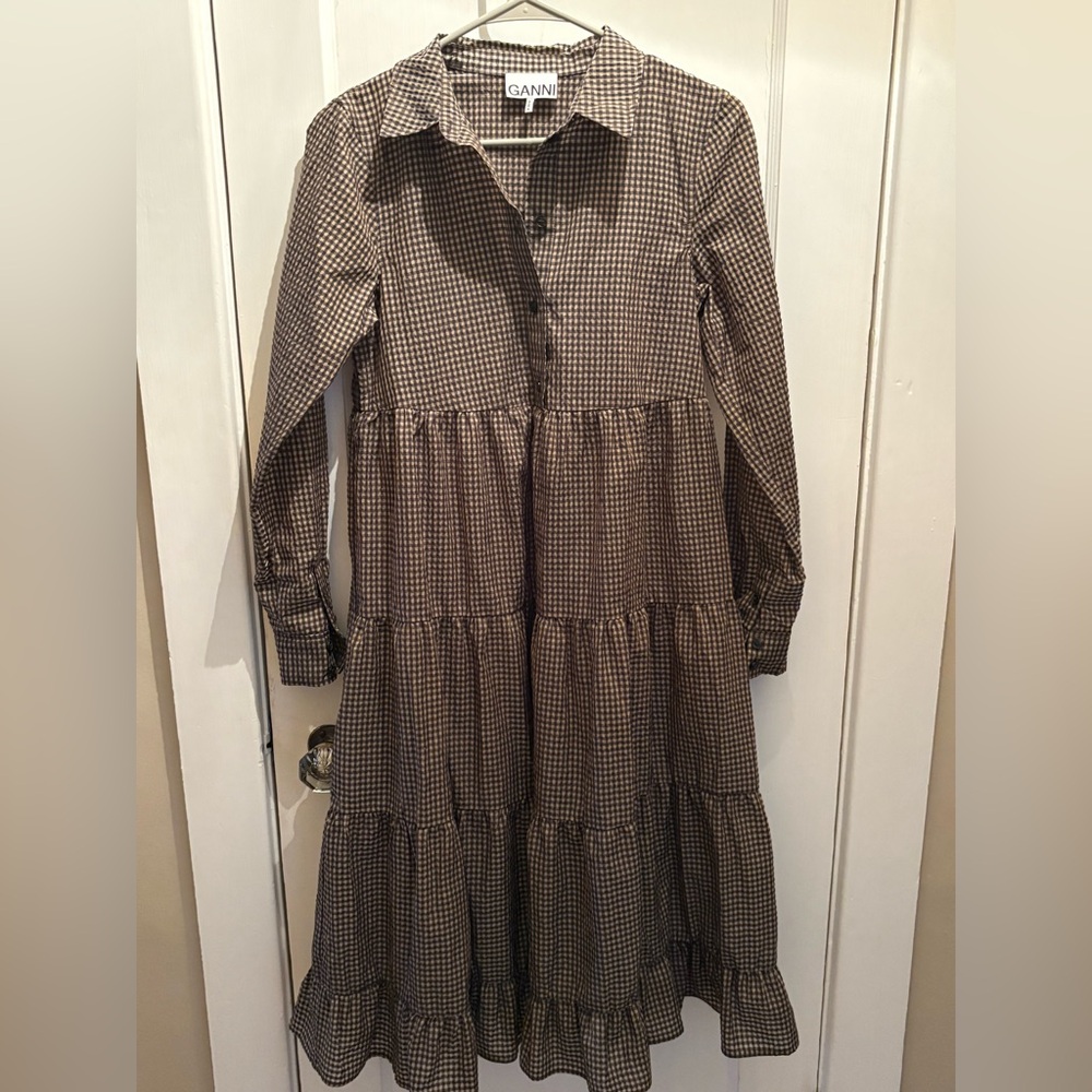 Ganni Brown and Cream Checkered Dress